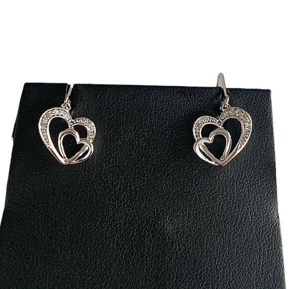 Womens Interlocking Twin Heart Design Diamond Silver Drop Earrings #925 - New - Picture 2 of 14